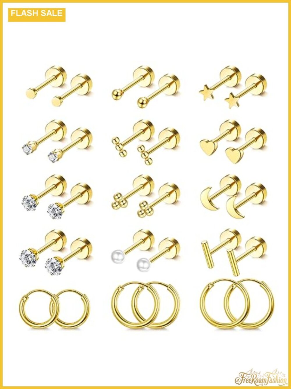 12 Pairs Hypoallergenic Flat Back Stud Earrings 14K Gold Plated Surgical Steel